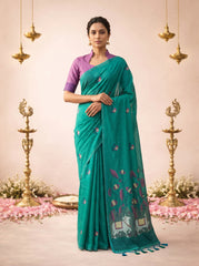 Premium Soft Muga Cotton Bottel Green Saree