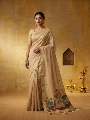 Premium Soft Muga Cotton Cream Saree