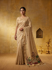 Premium Soft Muga Cotton Cream Saree