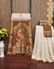Premium Soft Muag Cotton Offwhite Saree - Brown Pallu