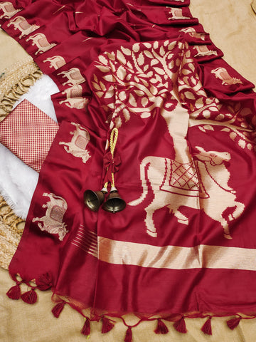 Premium Soft Khadi raw silk Red Saree