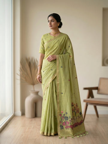 Premium Soft Muga Cotton Parrot Green Saree