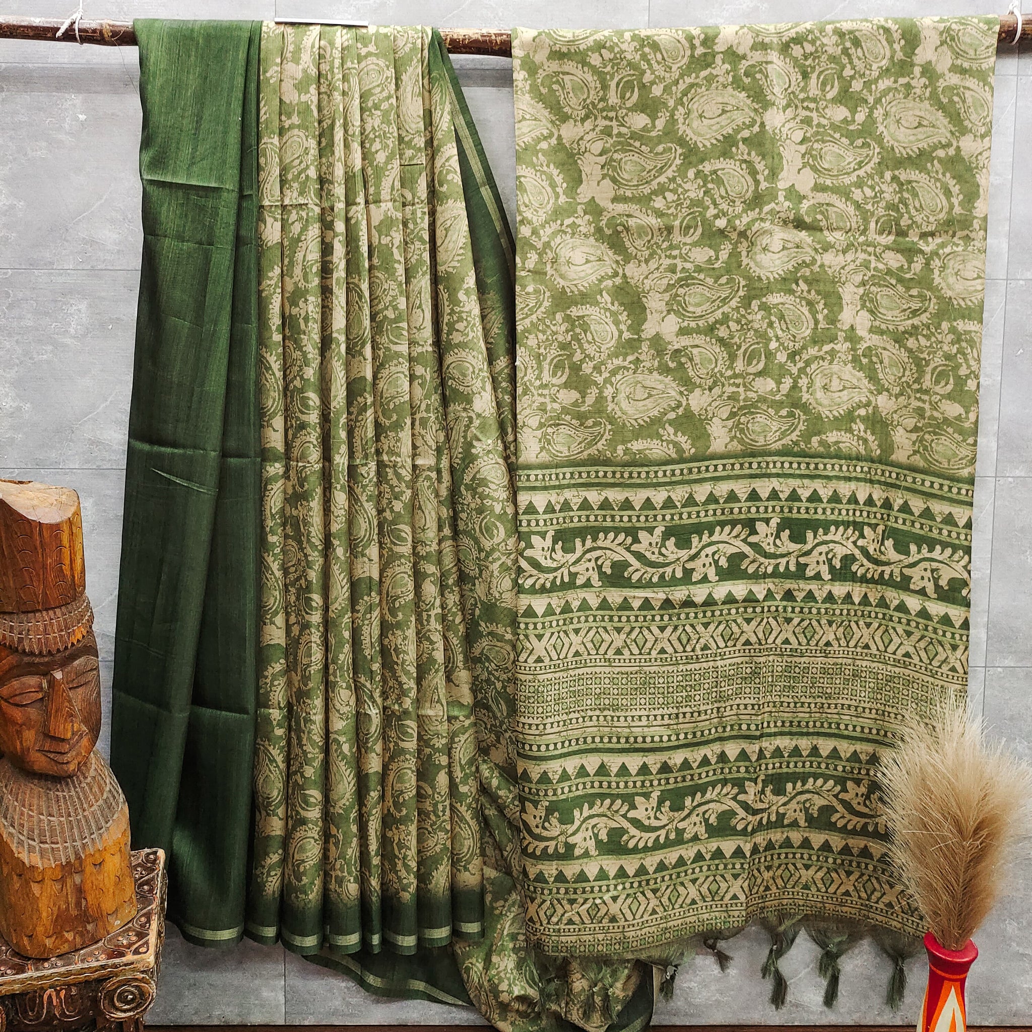 Soft Desi Tussar Silk Mehendi Green Saree