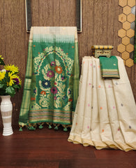 Premium Soft Muga Cotton Offwhite Saree - Green Pallu