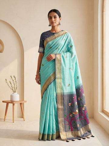 Premium Soft Muga Cotton Ocean Blue Saree