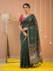 Premium Soft Muga Cotton Green Saree