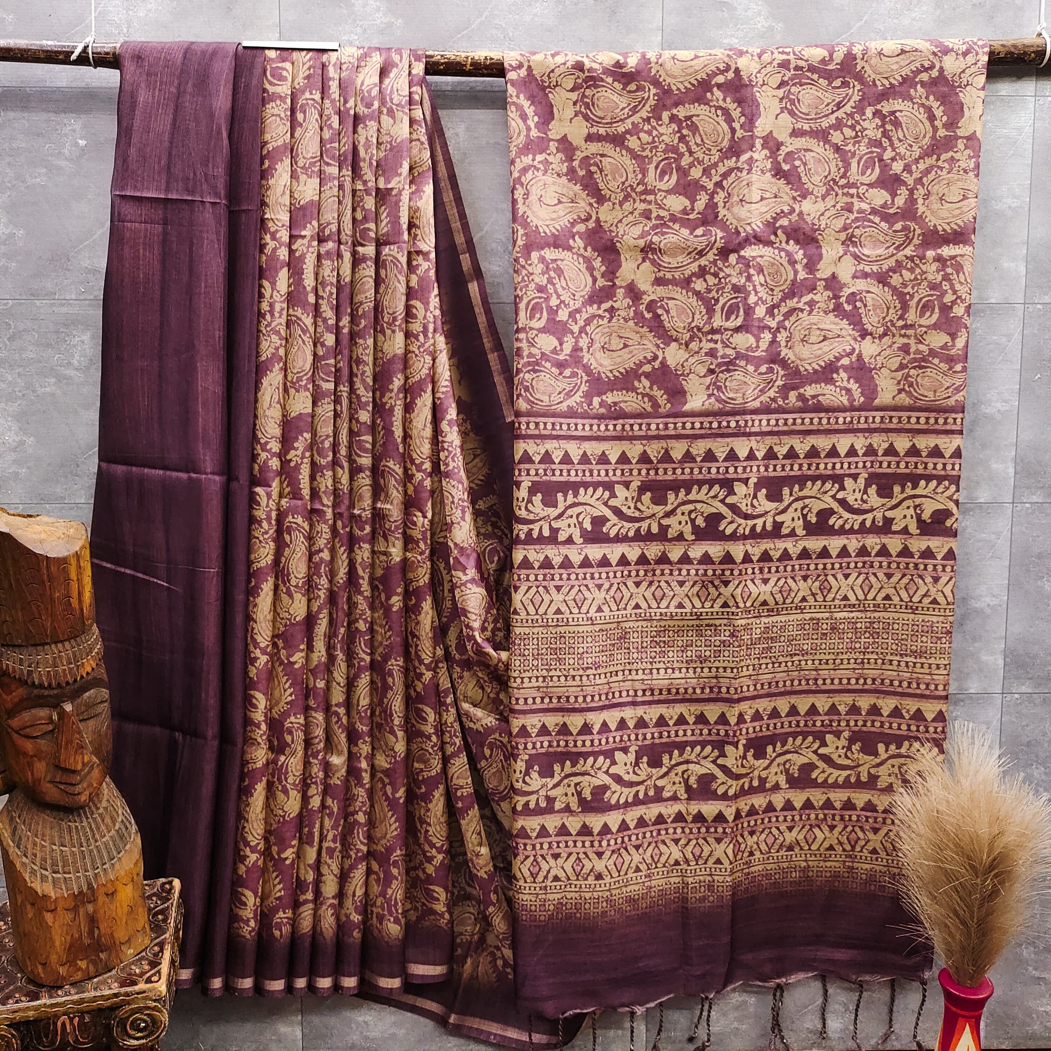 Soft Desi Tussar Silk Wine Saree