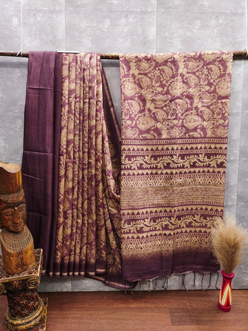 Soft Desi Tussar Silk Wine Saree