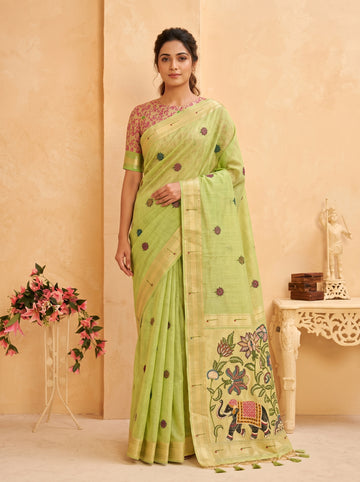 Premium Soft moga cotton paithani  Pista Green saree