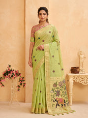 Premium Soft moga cotton paithani  Pista Green saree