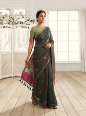 Premium Muga Cotton Dark Green Saree