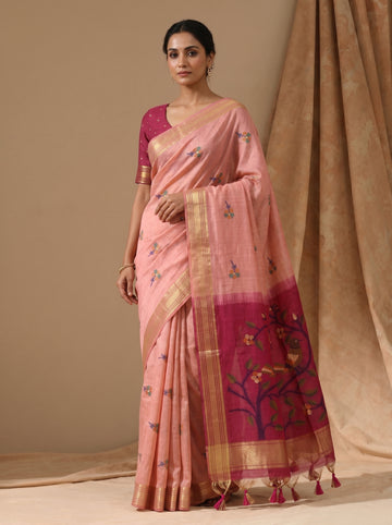 Premium Soft Muga Cotton Pink Saree
