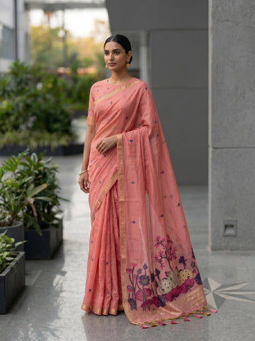 Premium Soft Muga Cotton Pink Saree