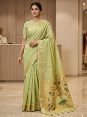Premium Soft moga cotton paithani mehendi green saree