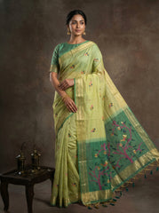 Premium Soft Muga Cotton Green Saree