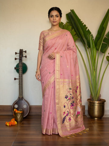 Premium Soft moga cotton paithani pink saree