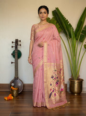 Premium Soft moga cotton paithani pink saree