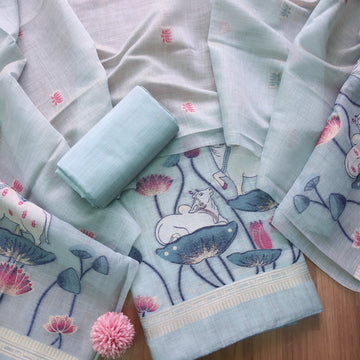 Pure Soft Muga Cotton Lhite Blue  Suit