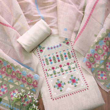 Pure Linen Cotton Firozi-pink Flower Suit