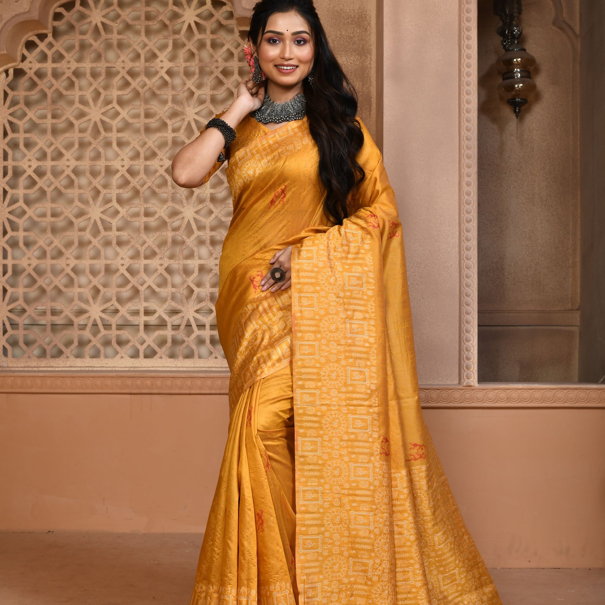 Banglori Handloom Raw Silk Yellowish Orange Saree