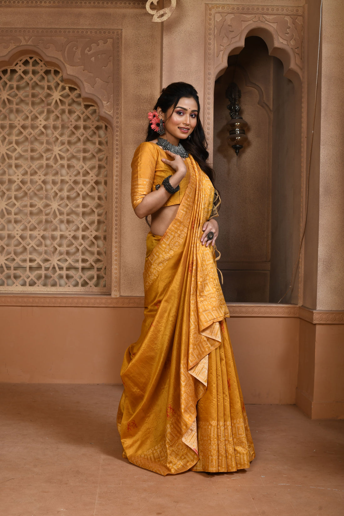 Banglori Handloom Raw Silk Yellowish Orange Saree