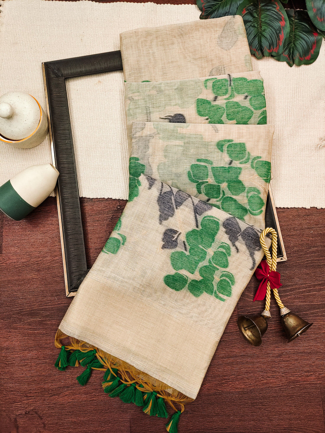 Preium Soft Muga Cotton Offwhite-green Saree