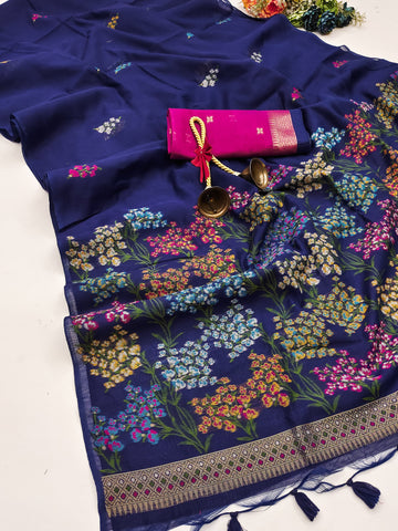 Premium Soft Muga Cotton Neavy Blue Saree
