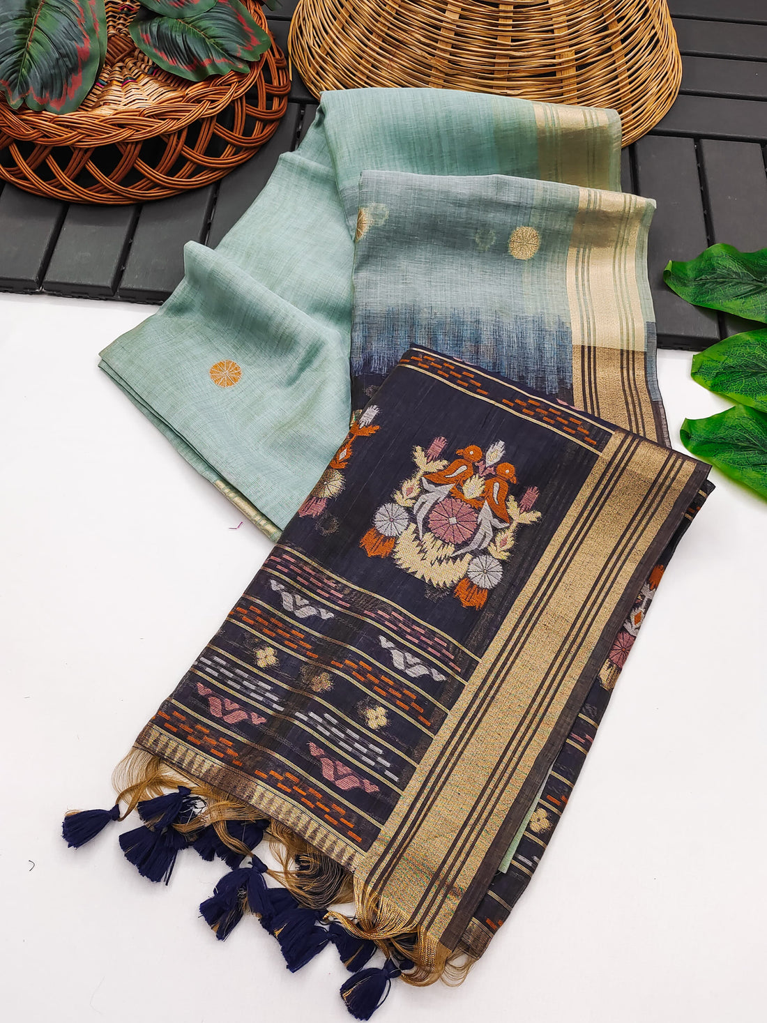 Premium Soft Muga Cotton Ocean Blue Saree - Green Pallu