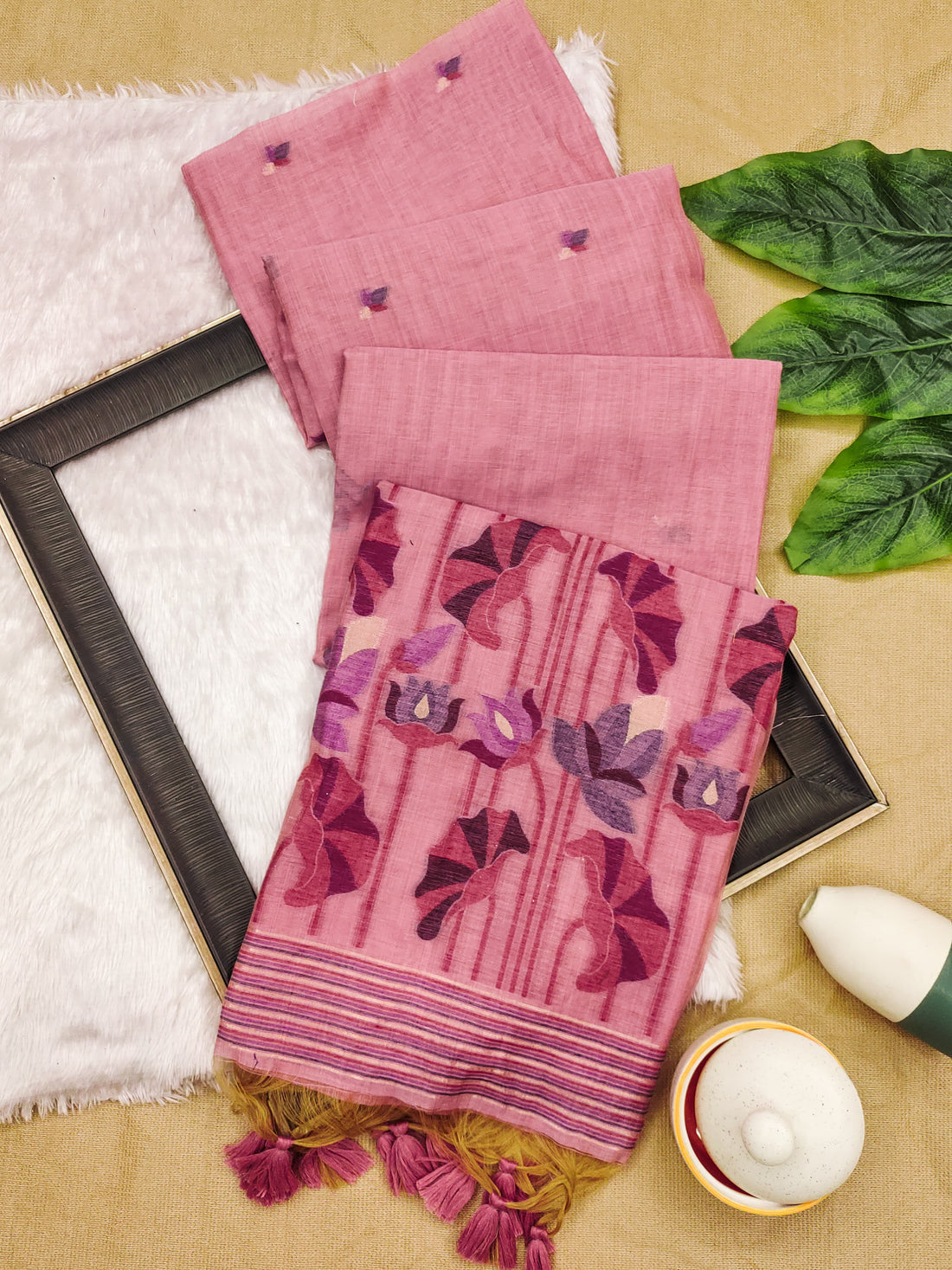 Premium Soft Muga Cotton Pink Saree