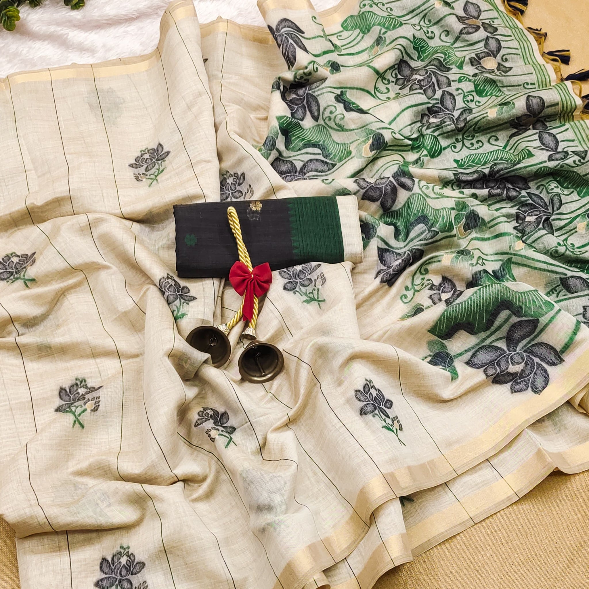 Premium Soft Muga Cotton Offwhitw-dark Geen Saree