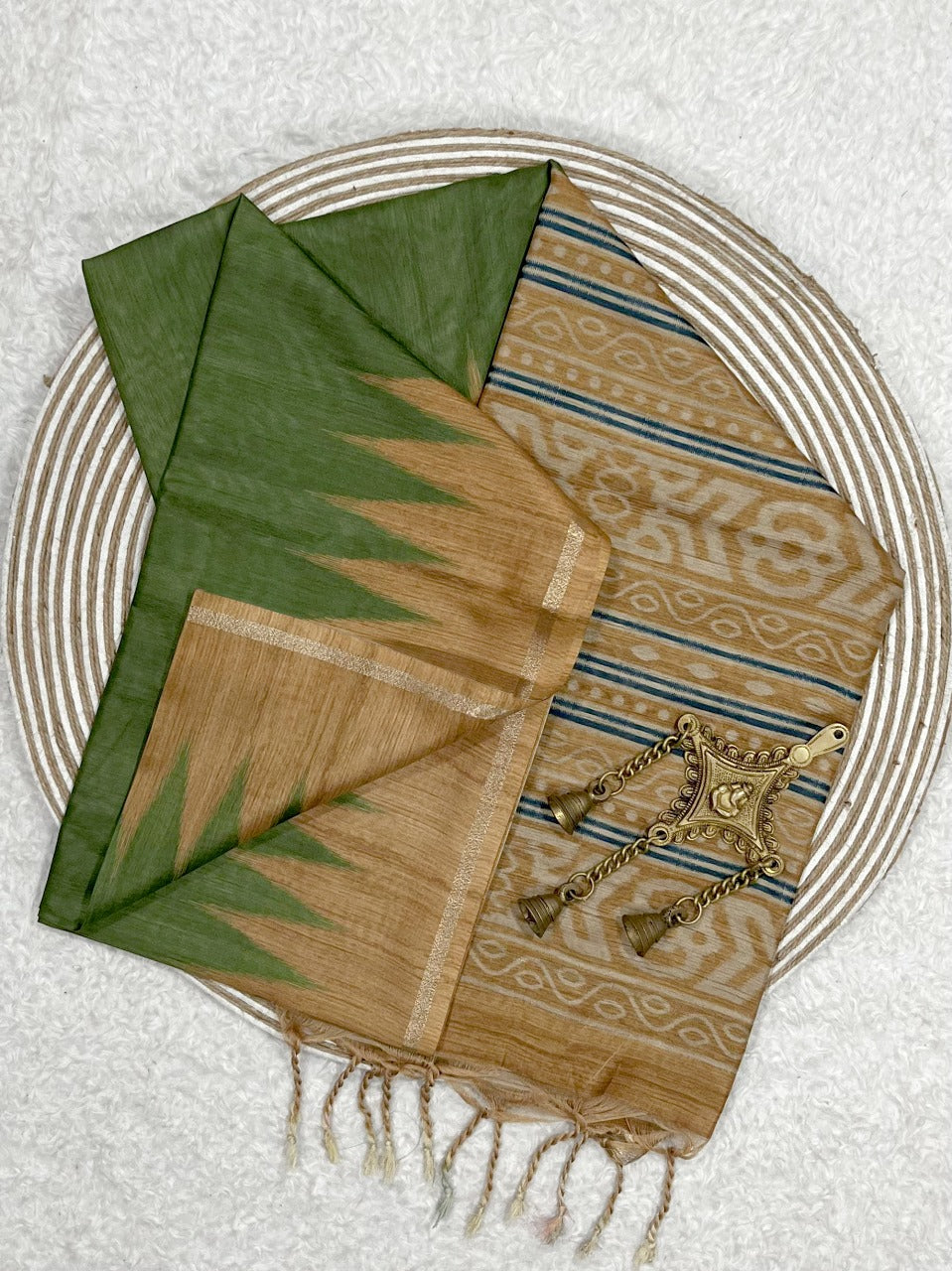 Soft Tussar Silk Green Saree - Golden Yellow Pallu