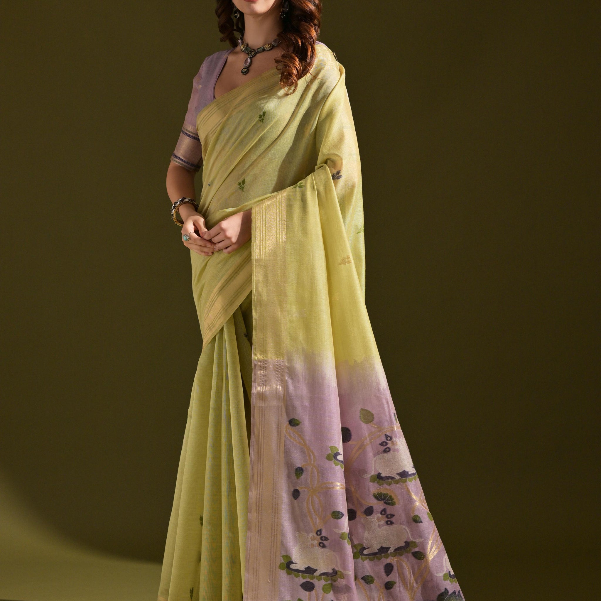 Premium Soft Muga Cotton Light Green Saree With Blouse Piece For Women