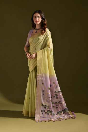 Premium Soft Muga Cotton Light Green Saree With Blouse Piece For Women