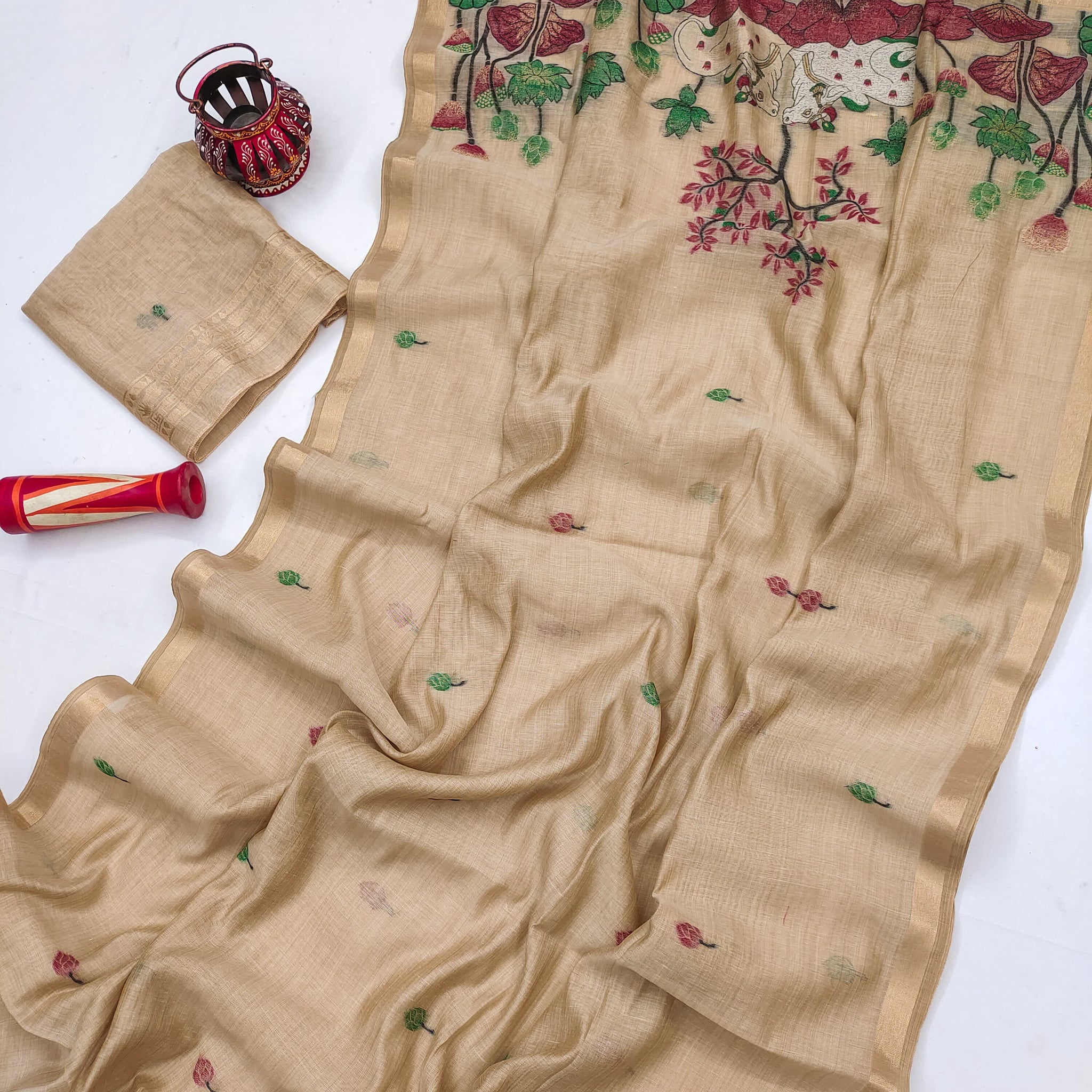 Premium Soft Muga Cotton Cream Saree