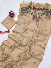 Premium Soft Muga Cotton Cream Saree