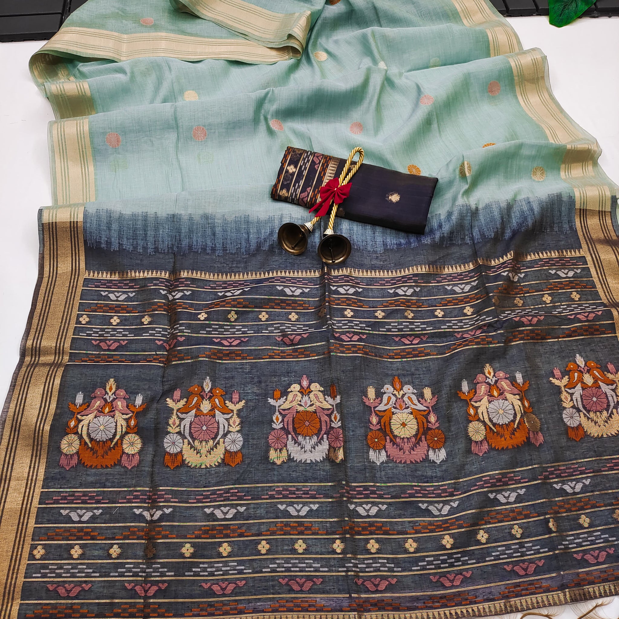 Premium Soft Muga Cotton Ocean Blue Saree - Green Pallu