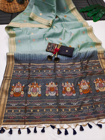 Premium Soft Muga Cotton Ocean Blue Saree - Green Pallu
