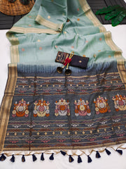 Premium Soft Muga Cotton Ocean Blue Saree - Green Pallu