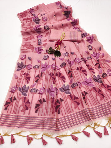 Premium Soft Muga Cotton Pink Saree