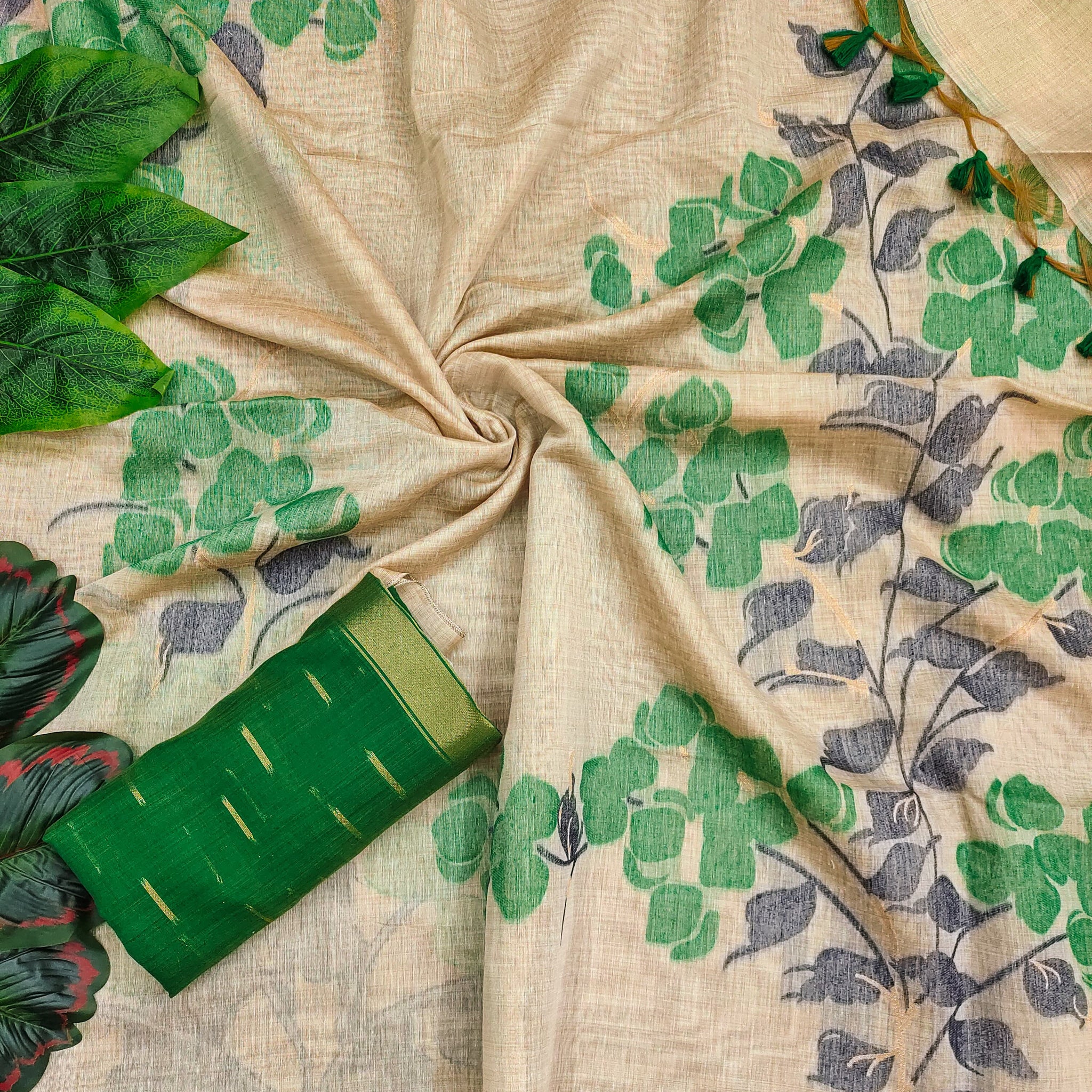Preium Soft Muga Cotton Offwhite-green Saree