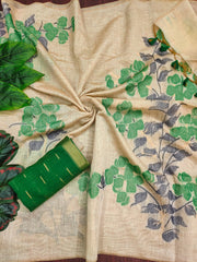 Preium Soft Muga Cotton Offwhite-green Saree