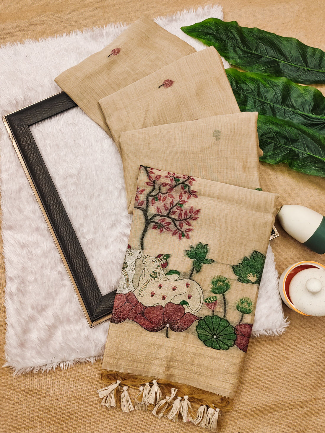 Premium Soft Muga Cotton Cream Saree