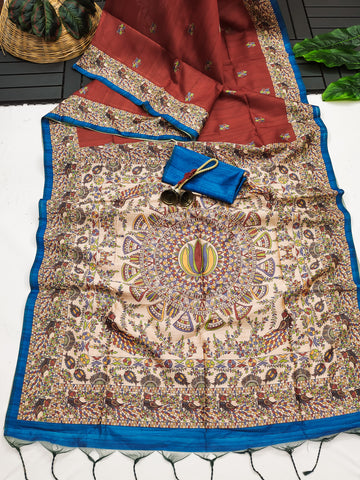 Soft Tussar Silk Madhubani Rust Orange Saree