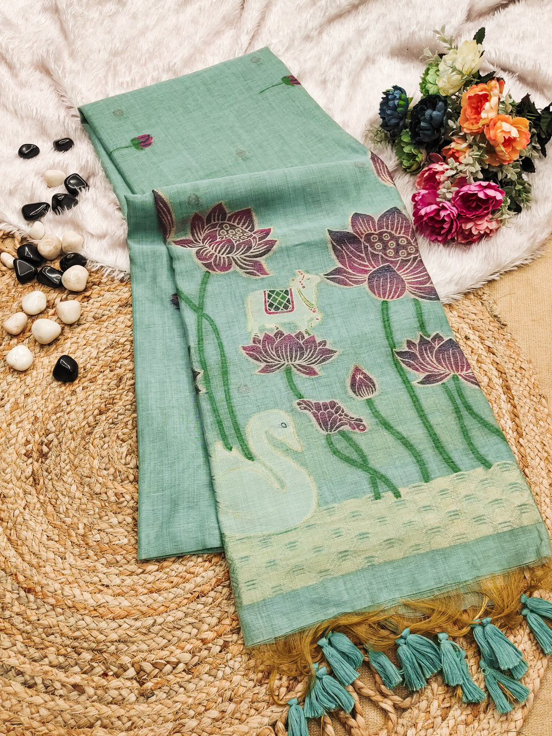 Premium Soft Muga Cotton Ocean Blue Saree