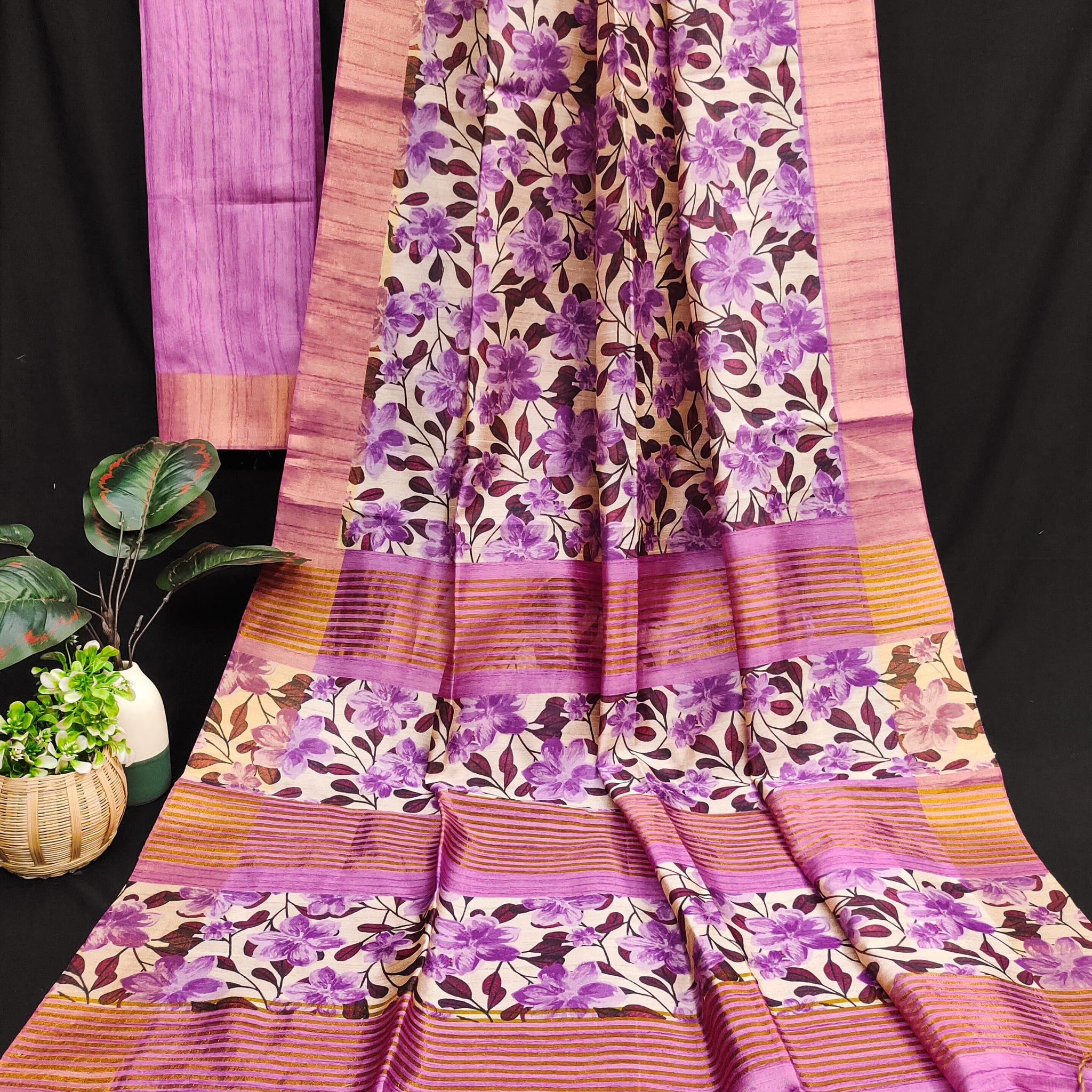 Premium Soft Desi Tussar Silk Pink Saree