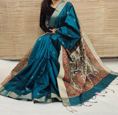 Soft Khadi Raw Silk Peocock Blue Saree