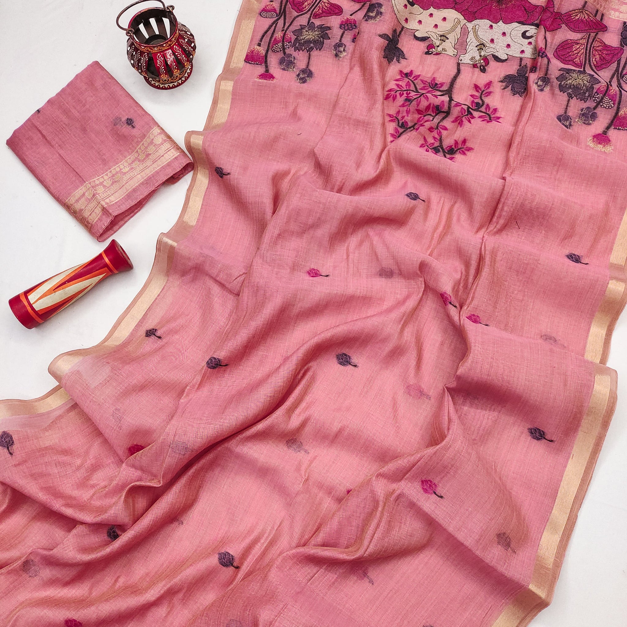 Premium Soft Muga Cotton Pink Saree