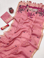 Premium Soft Muga Cotton Pink Saree