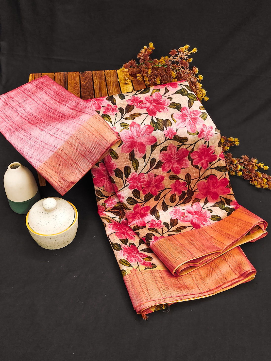 Premium Soft Desi Tussar Silk Pink Orange Saree