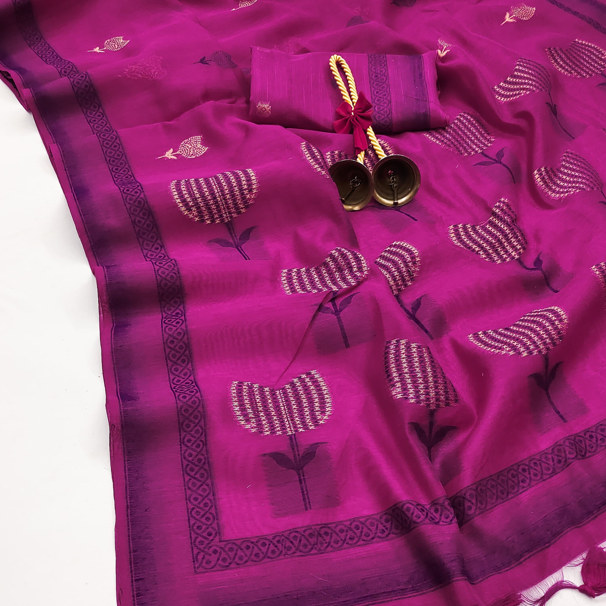 Premium Soft Muga Cotton Dark Pink Sareee
